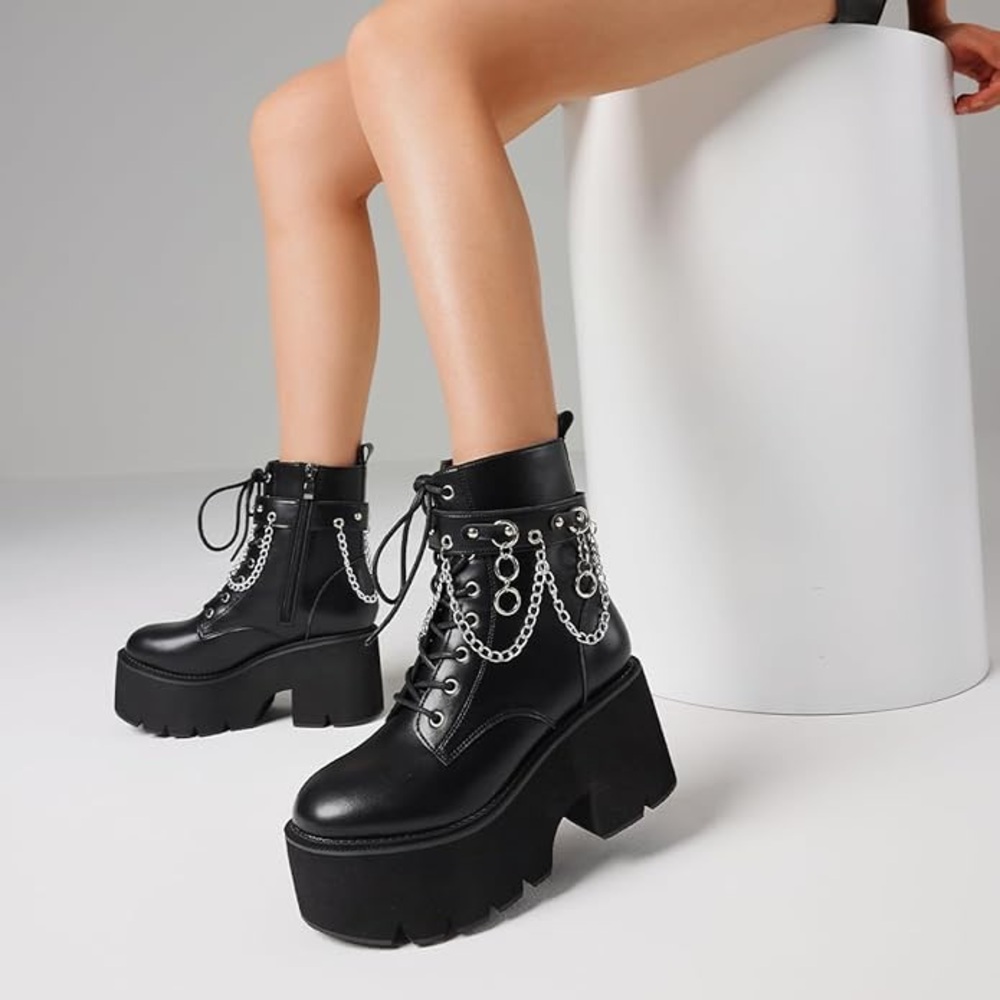 Black Platform Chain Ankle Boots - Picture 2 of 4